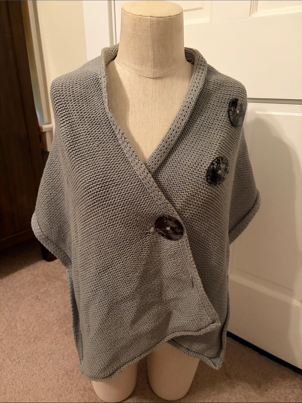 Handknit Gray Button Poncho Sweater
